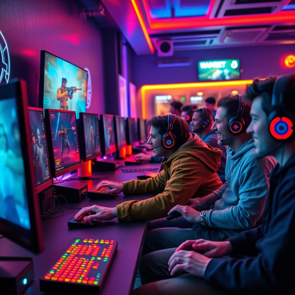 A diverse group of gamers enthusiastically playing different PC games on high-end setups in a modern, neon-lit gaming cafe. One screen shows a sci-fi shooter, another an indie puzzle game, and a third a strategy title. The atmosphere is vibrant and energetic, with glowing keyboards and headsets, showcasing the variety of gaming experiences available. Cinematic, high detail, vibrant colors, 8k quality, photorealistic