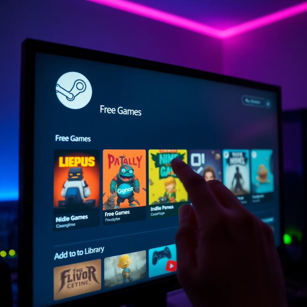 urgent - A close-up shot of a computer screen displaying the Steam store interface, specifically highlighting a 'Free Games'