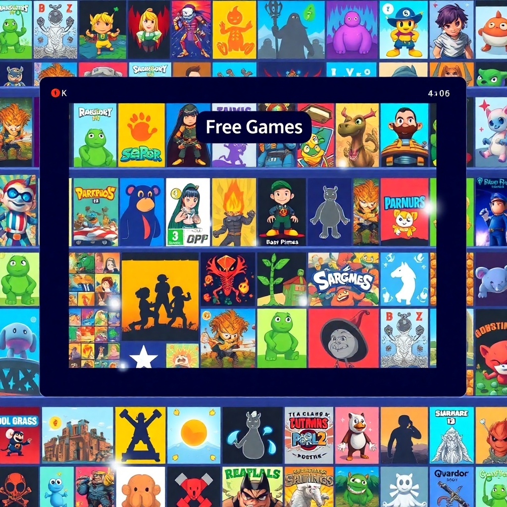 urgent - A vibrant, stylized illustration of a gamer's digital library interface, filled with a diverse array of colorful gam