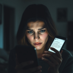 A woman's face in shadow, looking distressed and conflicted, holding a smartphone with a text message open, showing concern and worry. The background is blurred, suggesting a home environment but with a sense of secrecy. Soft, low lighting, dramatic, realistic, 8k quality, cinematic atmosphere.