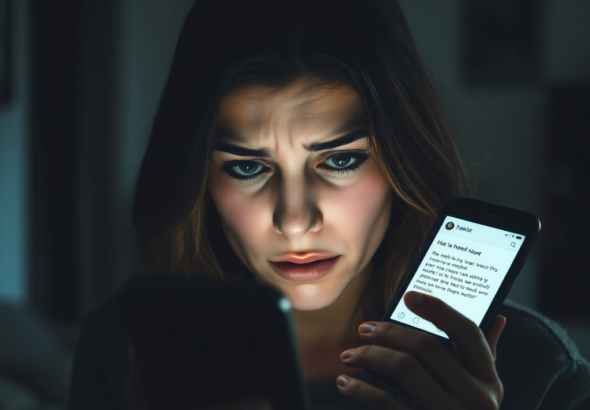 A woman's face in shadow, looking distressed and conflicted, holding a smartphone with a text message open, showing concern and worry. The background is blurred, suggesting a home environment but with a sense of secrecy. Soft, low lighting, dramatic, realistic, 8k quality, cinematic atmosphere.