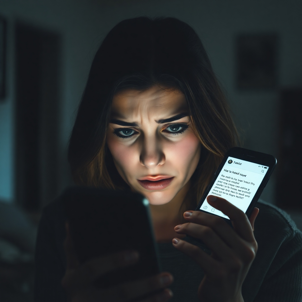 A woman's face in shadow, looking distressed and conflicted, holding a smartphone with a text message open, showing concern and worry. The background is blurred, suggesting a home environment but with a sense of secrecy. Soft, low lighting, dramatic, realistic, 8k quality, cinematic atmosphere.