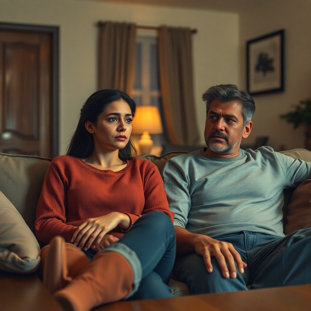 confession - A couple sitting on a sofa, one partner looking away with a worried expression, while the other looks at them wi