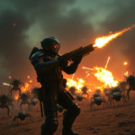 A Helldivers 2 soldier in futuristic armor, wielding a newly buffed flamethrower against a horde of alien bugs on a desolate, fiery planet. Explosions and laser fire light up the dark, smoky sky, conveying intense combat and an urgent, chaotic atmosphere. Cinematic, highly detailed, 8k quality, dramatic lighting.