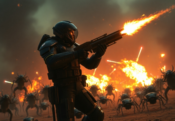 A Helldivers 2 soldier in futuristic armor, wielding a newly buffed flamethrower against a horde of alien bugs on a desolate, fiery planet. Explosions and laser fire light up the dark, smoky sky, conveying intense combat and an urgent, chaotic atmosphere. Cinematic, highly detailed, 8k quality, dramatic lighting.