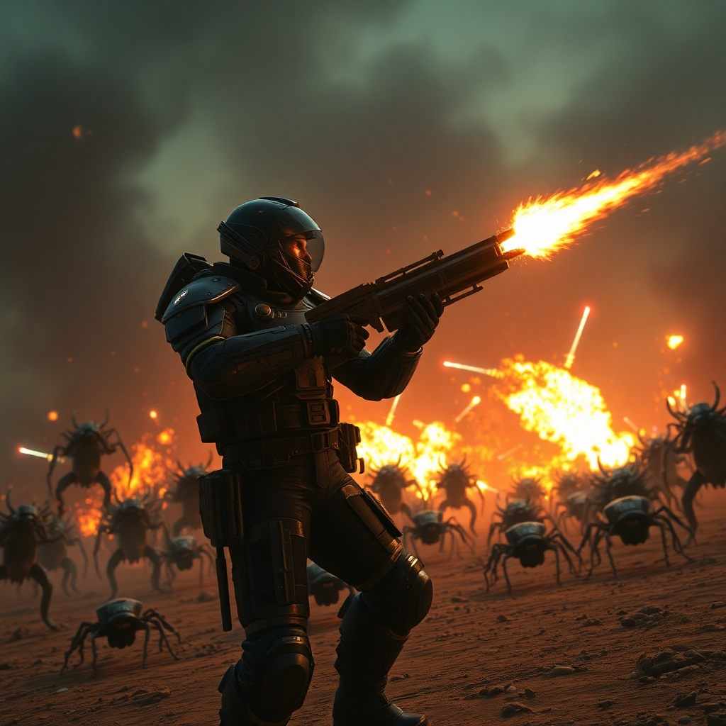 A Helldivers 2 soldier in futuristic armor, wielding a newly buffed flamethrower against a horde of alien bugs on a desolate, fiery planet. Explosions and laser fire light up the dark, smoky sky, conveying intense combat and an urgent, chaotic atmosphere. Cinematic, highly detailed, 8k quality, dramatic lighting.