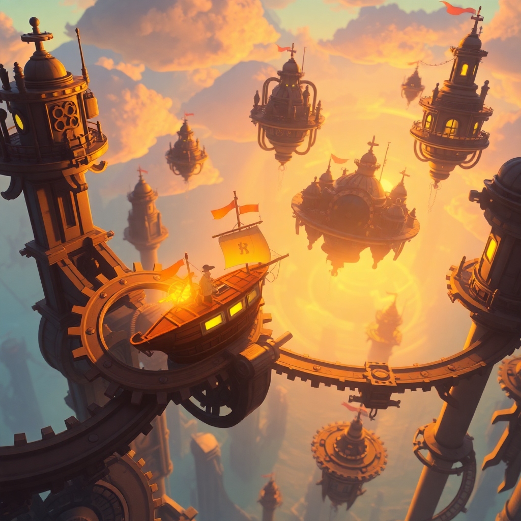 A whimsical, detailed screenshot from a puzzle-platformer game called 'Aetherbound Expeditions,' showing a small, glowing sco