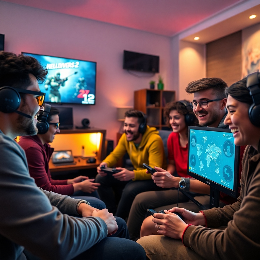 A diverse group of gamers, smiling and engaged, playing various games on different screens (PC, console). One screen shows He