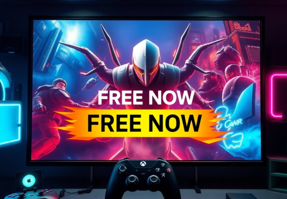 A vibrant digital storefront display on a large monitor, showcasing a highly detailed AAA video game cover art with a 'FREE NOW' banner prominently displayed. The screen is surrounded by gaming peripherals, glowing neon lights, and a controller, conveying excitement and modern gaming culture. Cinematic lighting, ultra realistic, highly detailed, 8k quality, photorealistic
