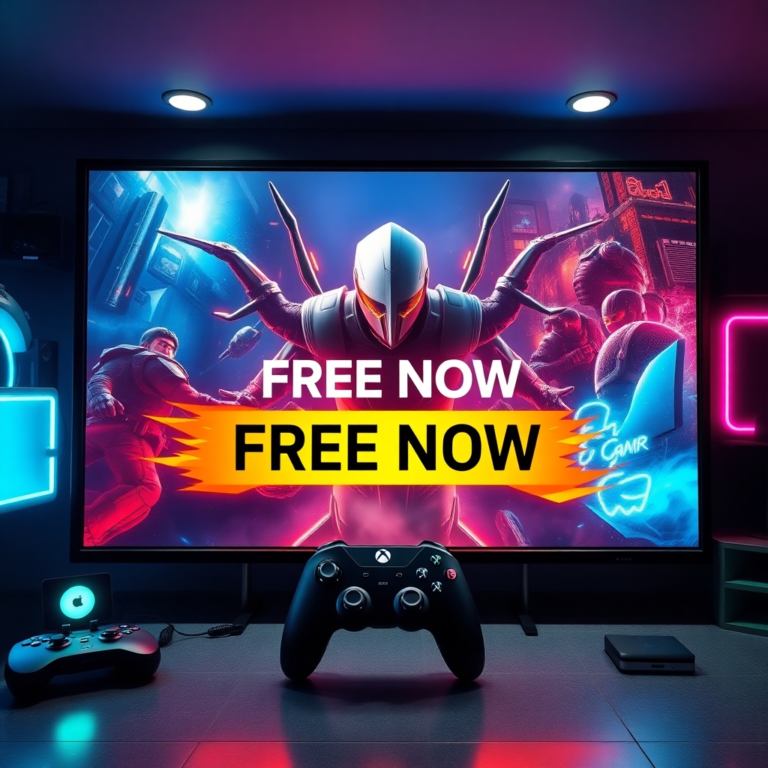 A vibrant digital storefront display on a large monitor, showcasing a highly detailed AAA video game cover art with a 'FREE NOW' banner prominently displayed. The screen is surrounded by gaming peripherals, glowing neon lights, and a controller, conveying excitement and modern gaming culture. Cinematic lighting, ultra realistic, highly detailed, 8k quality, photorealistic