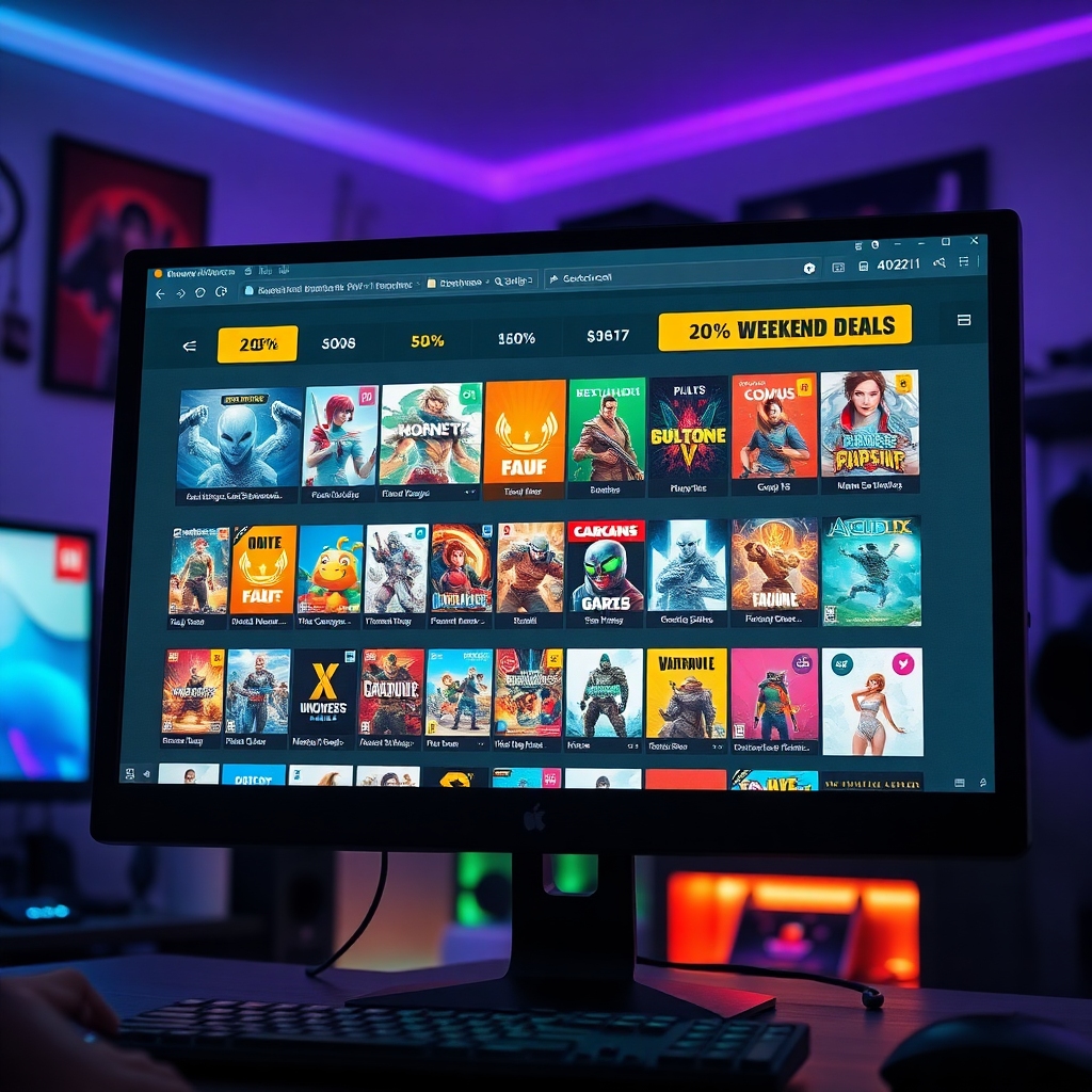 epic - A bustling digital marketplace interface on a computer screen, displaying numerous video game tiles with prominent dis