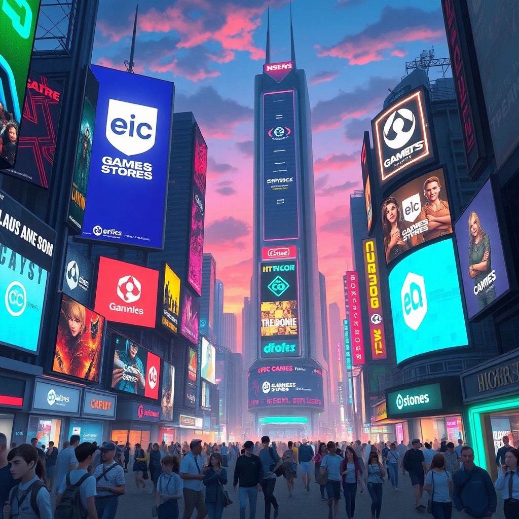A futuristic cityscape at dusk, with towering digital billboards displaying various game advertisements and platform logos, i