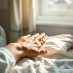 A compassionate hand gently holding an older, frail hand on a hospital bed, sunlight streaming through a window, a serene and comforting atmosphere, soft focus, warm colors, ultra realistic, highly detailed, 8k quality, photorealistic