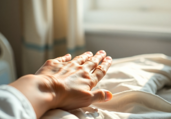 A compassionate hand gently holding an older, frail hand on a hospital bed, sunlight streaming through a window, a serene and comforting atmosphere, soft focus, warm colors, ultra realistic, highly detailed, 8k quality, photorealistic