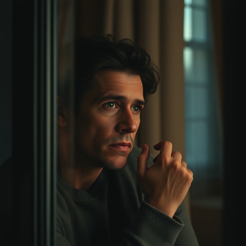 aita - A thoughtful person looking out a window, deep in contemplation, a mix of concern and hope on their face, soft evening