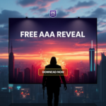A vibrant digital storefront showing a banner for a 'Free AAA Game Reveal' on the Epic Games Stores, with a mysterious silhouetted game character in the foreground, surrounded by glowing particles and a 'Download Now' button. The background features a futuristic city skyline at dusk, ultra realistic, highly detailed, cinematic atmosphere, 8k quality, digital art style.