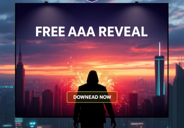 A vibrant digital storefront showing a banner for a 'Free AAA Game Reveal' on the Epic Games Stores, with a mysterious silhouetted game character in the foreground, surrounded by glowing particles and a 'Download Now' button. The background features a futuristic city skyline at dusk, ultra realistic, highly detailed, cinematic atmosphere, 8k quality, digital art style.
