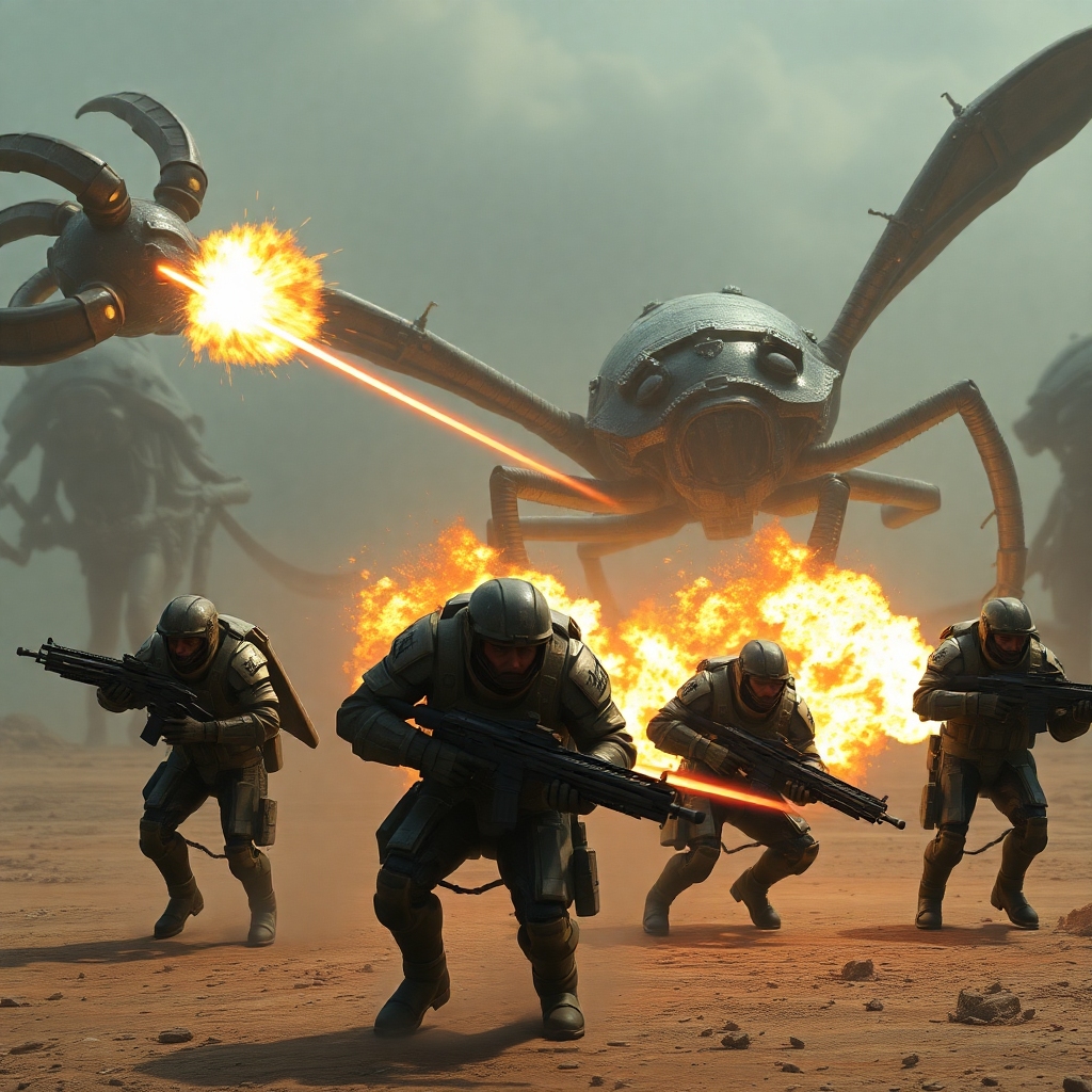 epic - A squad of four Helldivers 2 soldiers in action, battling giant alien bugs on a desolate, alien planet. Explosions and