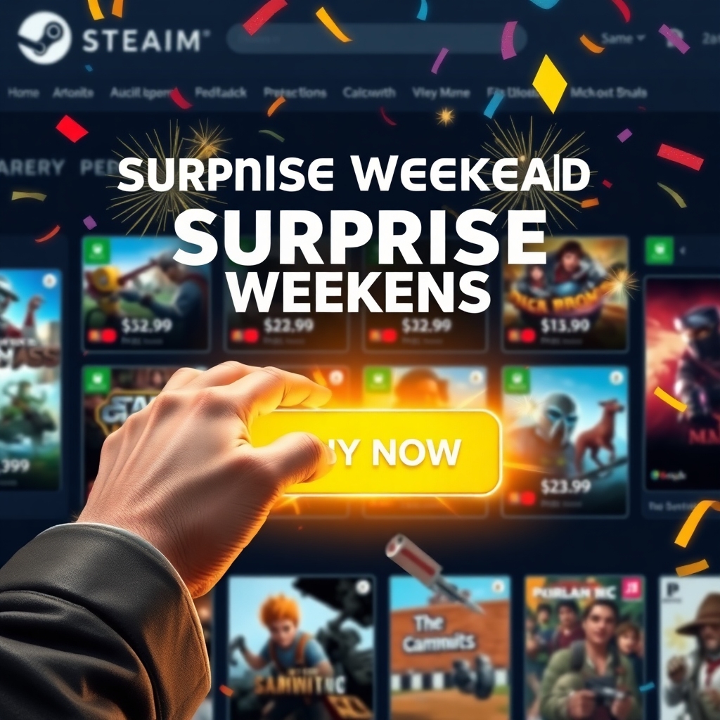 epic - A dynamic graphic showcasing Steam's 'Surprise Weekend Deals' with various popular game covers displayed at discounted