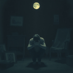 A solitary figure sits hunched over in a dimly lit room, head in hands, surrounded by faded photographs and memorabilia. The mood is somber and heavy with regret, reflecting the crushing weight of a secret. A single ray of moonlight illuminates dust motes, highlighting the passage of time and the burden of what Ive Let Family believe. Cinematic, realistic, deep shadows, cool tones.