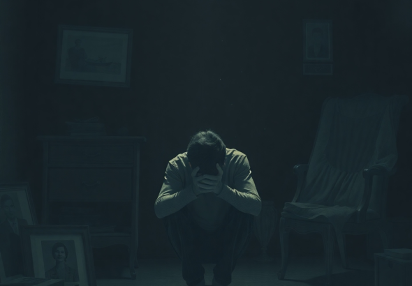 A solitary figure sits hunched over in a dimly lit room, head in hands, surrounded by faded photographs and memorabilia. The mood is somber and heavy with regret, reflecting the crushing weight of a secret. A single ray of moonlight illuminates dust motes, highlighting the passage of time and the burden of what Ive Let Family believe. Cinematic, realistic, deep shadows, cool tones.