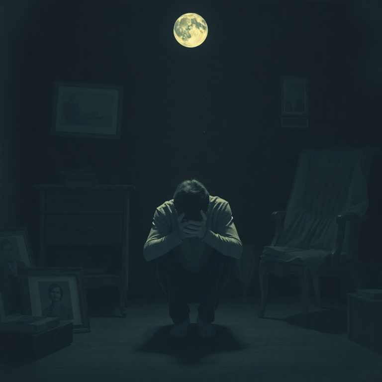 A solitary figure sits hunched over in a dimly lit room, head in hands, surrounded by faded photographs and memorabilia. The mood is somber and heavy with regret, reflecting the crushing weight of a secret. A single ray of moonlight illuminates dust motes, highlighting the passage of time and the burden of what Ive Let Family believe. Cinematic, realistic, deep shadows, cool tones.
