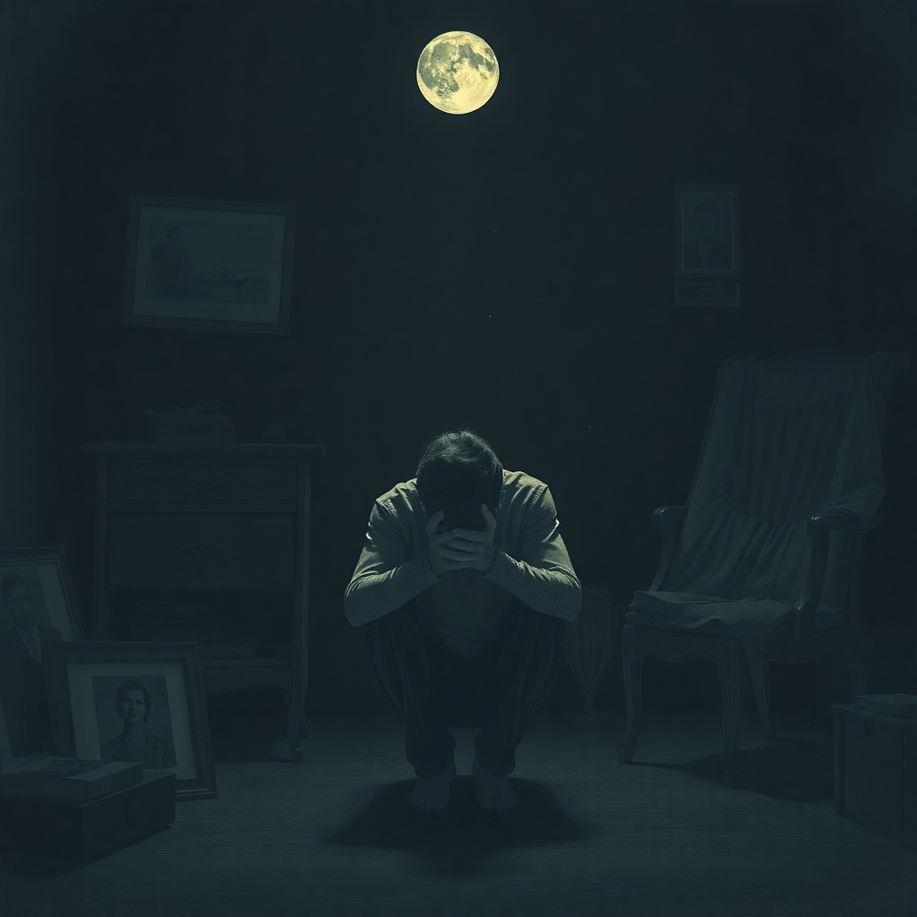 A solitary figure sits hunched over in a dimly lit room, head in hands, surrounded by faded photographs and memorabilia. The mood is somber and heavy with regret, reflecting the crushing weight of a secret. A single ray of moonlight illuminates dust motes, highlighting the passage of time and the burden of what Ive Let Family believe. Cinematic, realistic, deep shadows, cool tones.