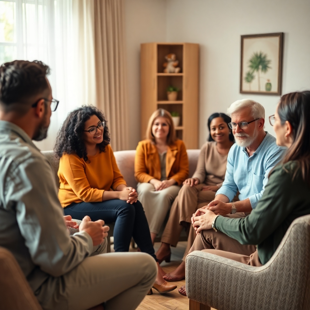 A supportive group therapy session with diverse individuals sitting in a circle, engaged in open and empathetic conversation.
