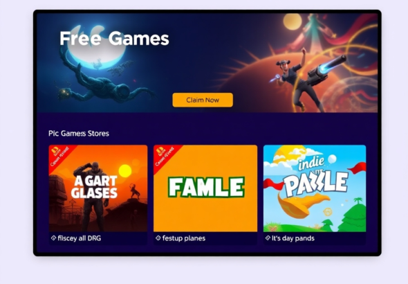 Epic Games Store interface, showing a 'Free Games' section with various game covers like a fantasy RPG, a sci-fi shooter, and an indie puzzle game, all with a prominent 'Claim Now' button, vibrant and inviting digital art style, high contrast, clean UI, modern gaming aesthetic.