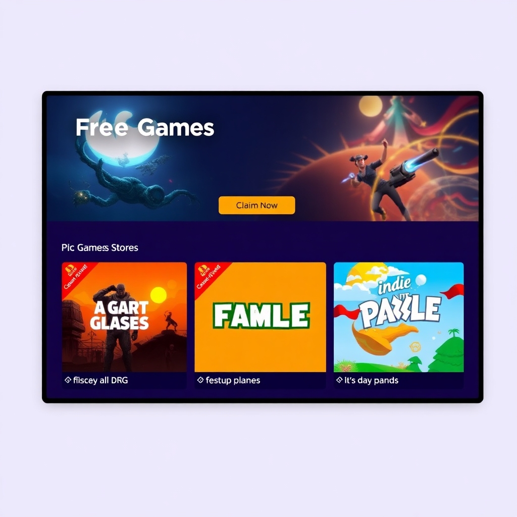 Epic Games Store interface, showing a 'Free Games' section with various game covers like a fantasy RPG, a sci-fi shooter, and an indie puzzle game, all with a prominent 'Claim Now' button, vibrant and inviting digital art style, high contrast, clean UI, modern gaming aesthetic.