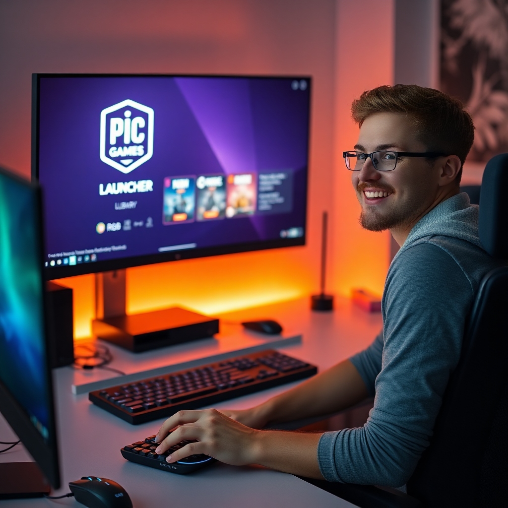 claim - A gamer at a modern desk, illuminated by the glow of a large monitor displaying the Epic Games Launcher with a newly