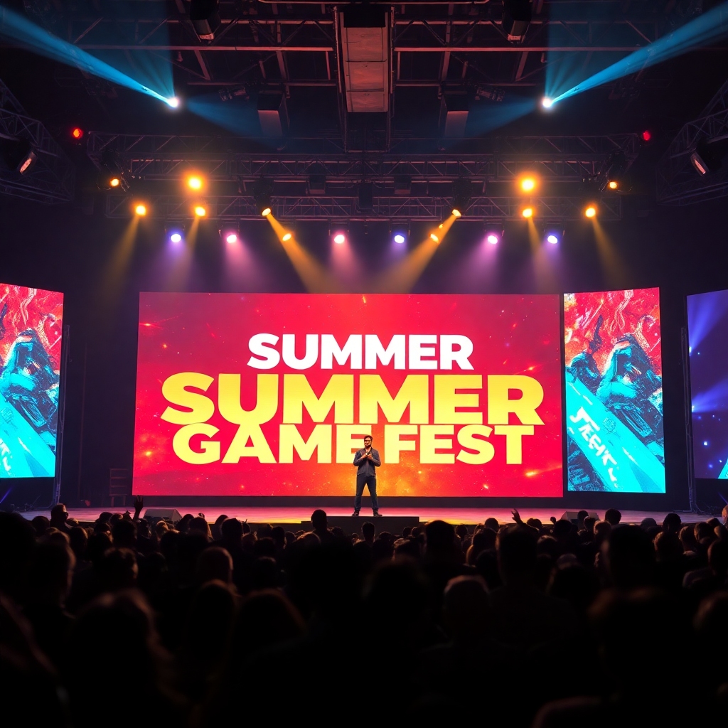claim - A brightly lit Summer Game Fest stage with a charismatic presenter in the center, a huge LED screen behind them displ