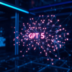 A futuristic, sleek AI interface displaying a complex neural network, with glowing nodes and connecting lines, representing advanced machine learning. The environment is dark with subtle blue and purple neon lights, evoking a sense of cutting-edge technology and innovation. A subtle 'GPT-5' logo is integrated into the design, highly detailed, 8k quality, digital art, ultra realistic, cinematic atmosphere.