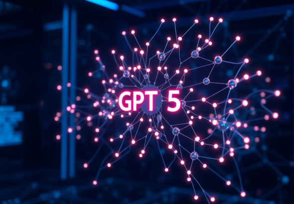 A futuristic, sleek AI interface displaying a complex neural network, with glowing nodes and connecting lines, representing advanced machine learning. The environment is dark with subtle blue and purple neon lights, evoking a sense of cutting-edge technology and innovation. A subtle 'GPT-5' logo is integrated into the design, highly detailed, 8k quality, digital art, ultra realistic, cinematic atmosphere.