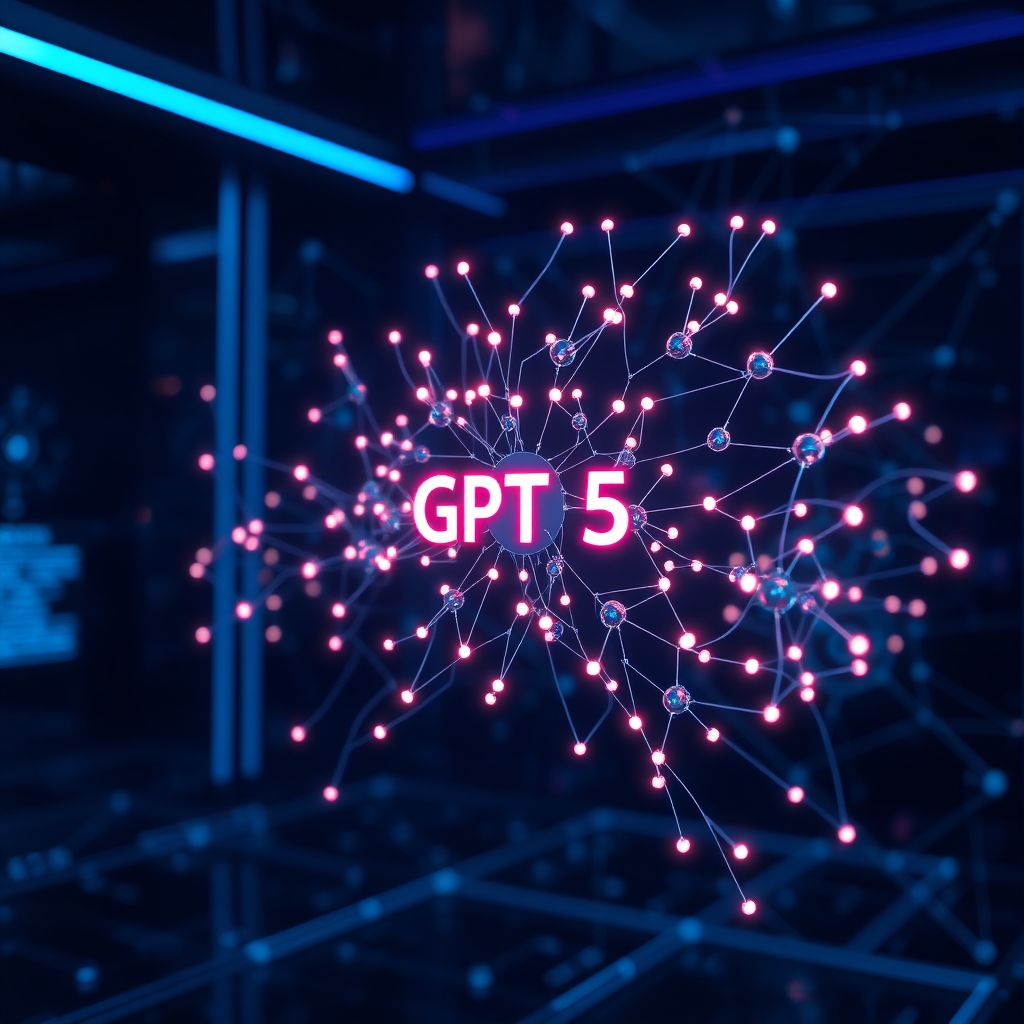 A futuristic, sleek AI interface displaying a complex neural network, with glowing nodes and connecting lines, representing advanced machine learning. The environment is dark with subtle blue and purple neon lights, evoking a sense of cutting-edge technology and innovation. A subtle 'GPT-5' logo is integrated into the design, highly detailed, 8k quality, digital art, ultra realistic, cinematic atmosphere.