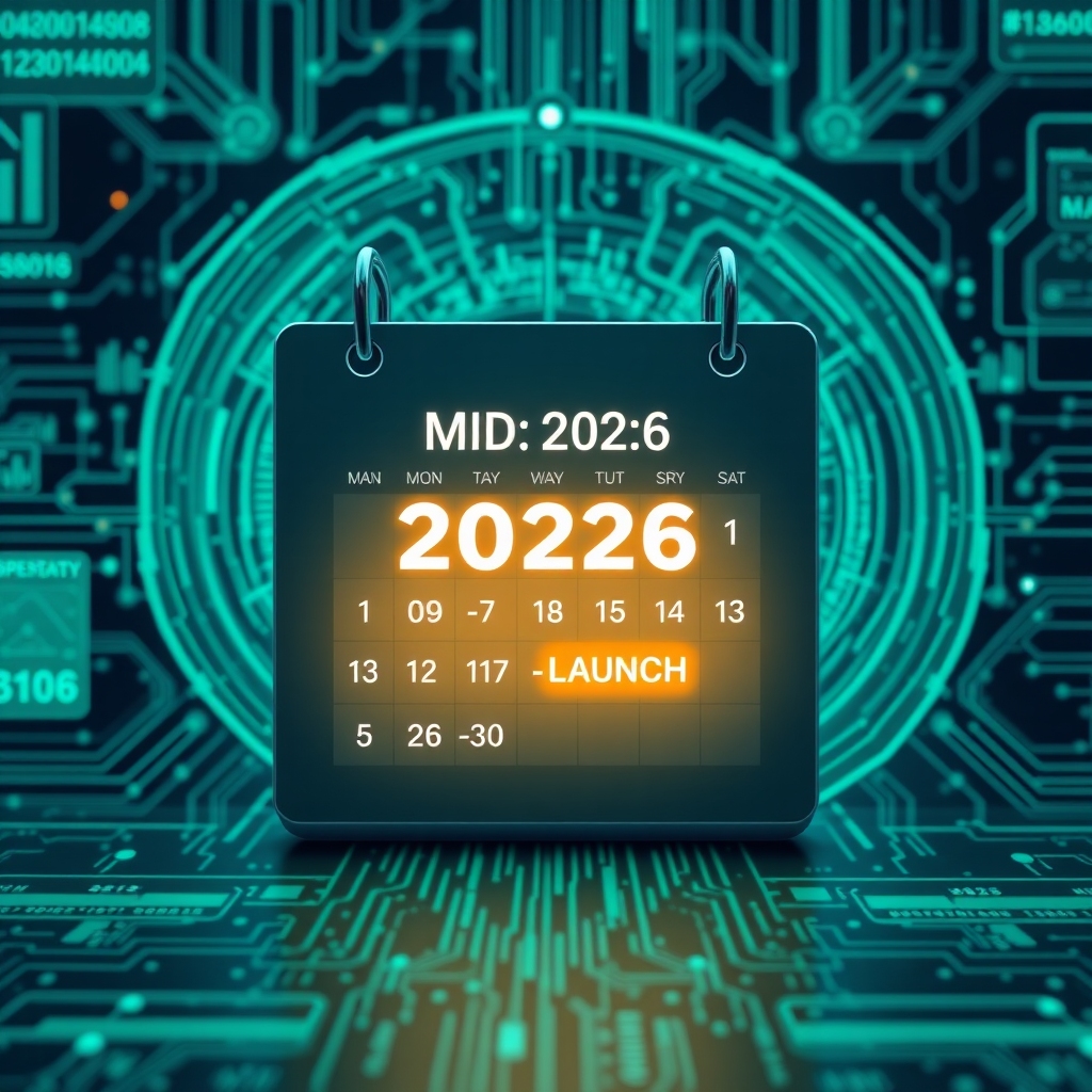 openais - A digital calendar highlighting mid-2026 with a glowing 'GPT-5 Launch' event marker, set against a backdrop of comp