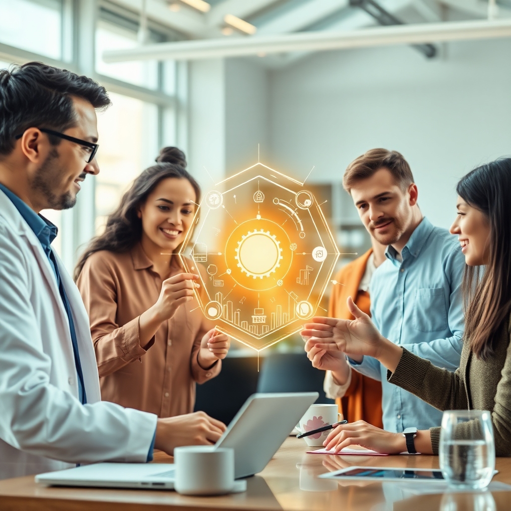 openais - A diverse group of people from various professions (doctor, engineer, artist, teacher) collaborating with a transpa