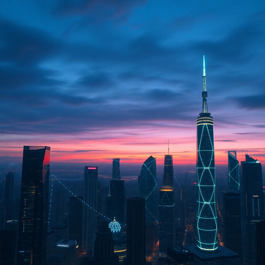 openais - A futuristic cityscape at dusk, with glowing data streams flowing between towering skyscrapers, symbolizing the int