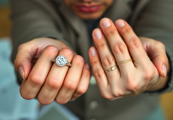 A close-up shot of two hands, one holding a sparkling diamond engagement ring and the other holding a much simpler, less valuable substitute ring, with a blurred background of wedding planning documents and a worried expression on the face of the person holding the simpler ring. The mood is tense and secretive, reflecting the moment of the ring swap. Natural lighting, shallow depth of field, realistic, highly detailed, 8k quality.