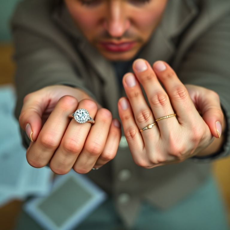 A close-up shot of two hands, one holding a sparkling diamond engagement ring and the other holding a much simpler, less valuable substitute ring, with a blurred background of wedding planning documents and a worried expression on the face of the person holding the simpler ring. The mood is tense and secretive, reflecting the moment of the ring swap. Natural lighting, shallow depth of field, realistic, highly detailed, 8k quality.