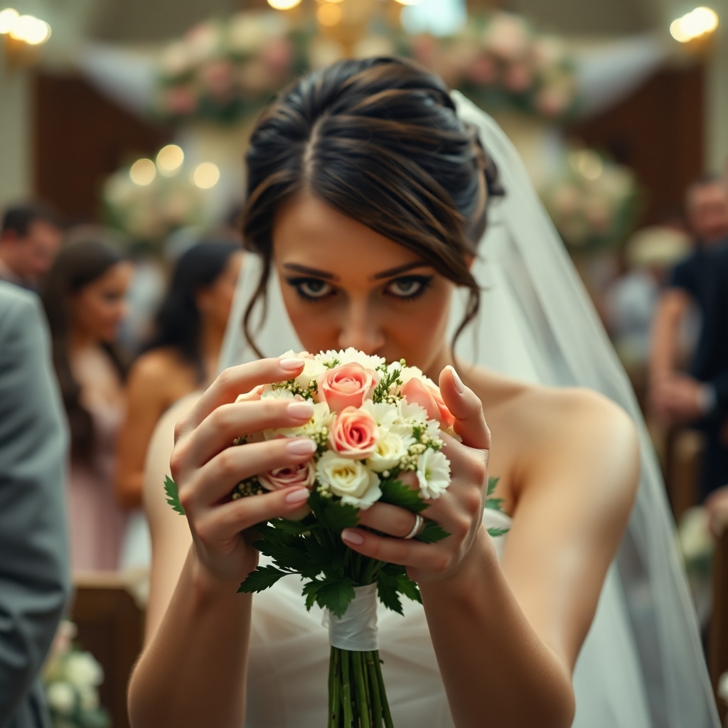 swapped - A close-up of a nervous bridesmaid's hands clenching a bouquet, with a blurred background of a wedding ceremony in