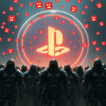 A dramatic, highly detailed digital painting depicting a swarm of Helldivers 2 players, represented by armored figures, standing united against a backdrop of a giant, glowing PlayStation Network logo, with red negative review icons showering down like rain. The mood is defiant and determined, with a sense of collective power. Cinematic lighting, ultra realistic, highly detailed, 8k quality, photorealistic