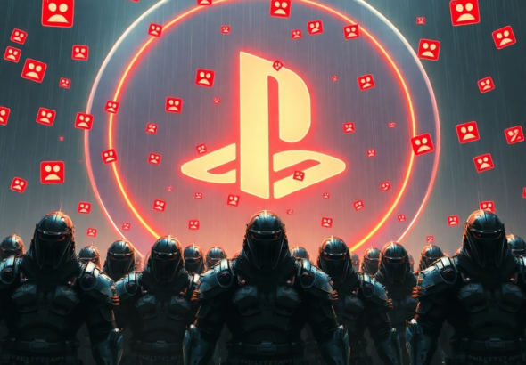 A dramatic, highly detailed digital painting depicting a swarm of Helldivers 2 players, represented by armored figures, standing united against a backdrop of a giant, glowing PlayStation Network logo, with red negative review icons showering down like rain. The mood is defiant and determined, with a sense of collective power. Cinematic lighting, ultra realistic, highly detailed, 8k quality, photorealistic