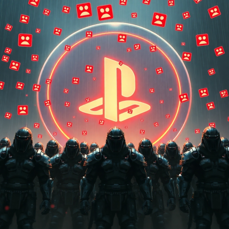 A dramatic, highly detailed digital painting depicting a swarm of Helldivers 2 players, represented by armored figures, standing united against a backdrop of a giant, glowing PlayStation Network logo, with red negative review icons showering down like rain. The mood is defiant and determined, with a sense of collective power. Cinematic lighting, ultra realistic, highly detailed, 8k quality, photorealistic