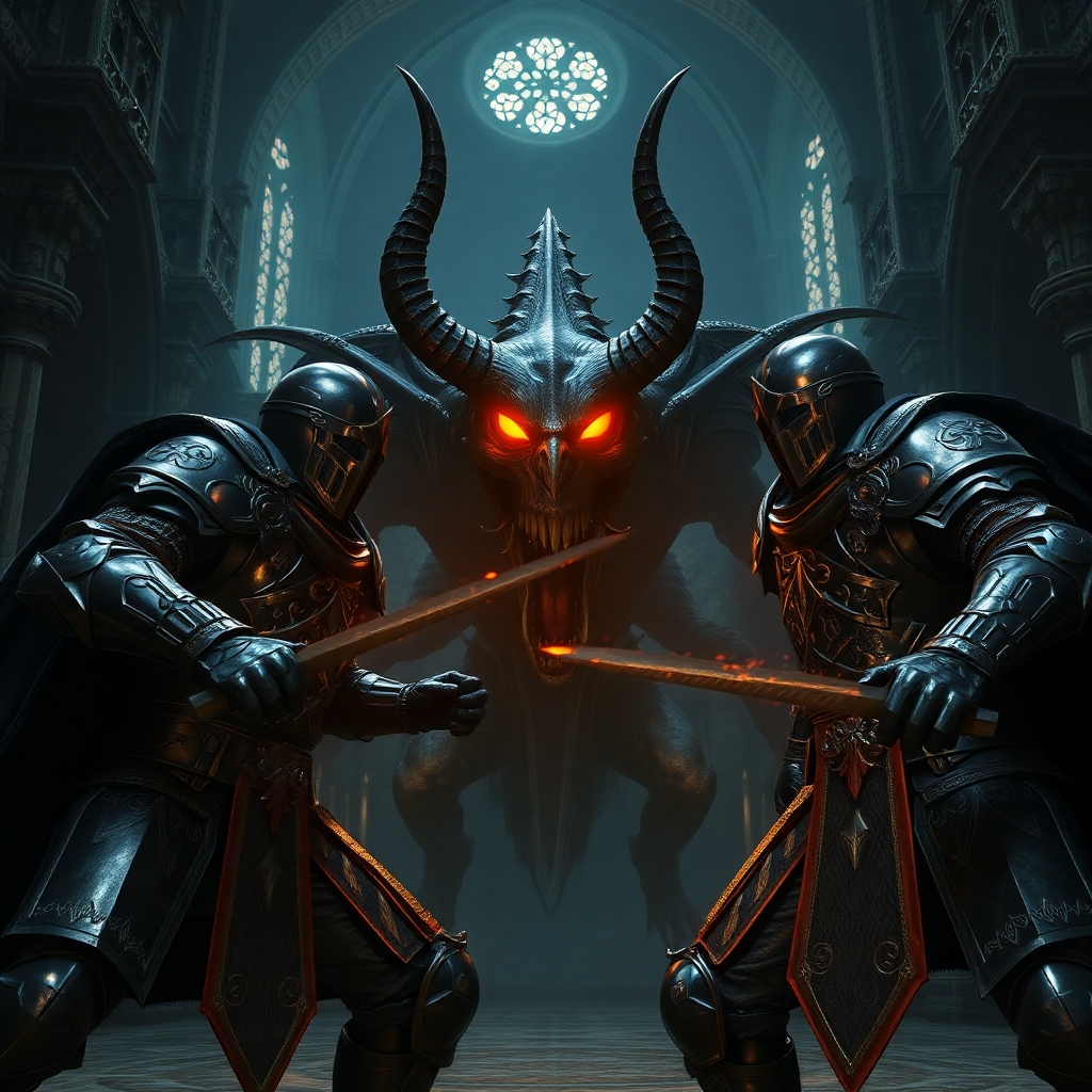 deep - A dynamic shot from 'The Cursed Crusade' video game, featuring two armored Templar knights fighting a grotesque demon