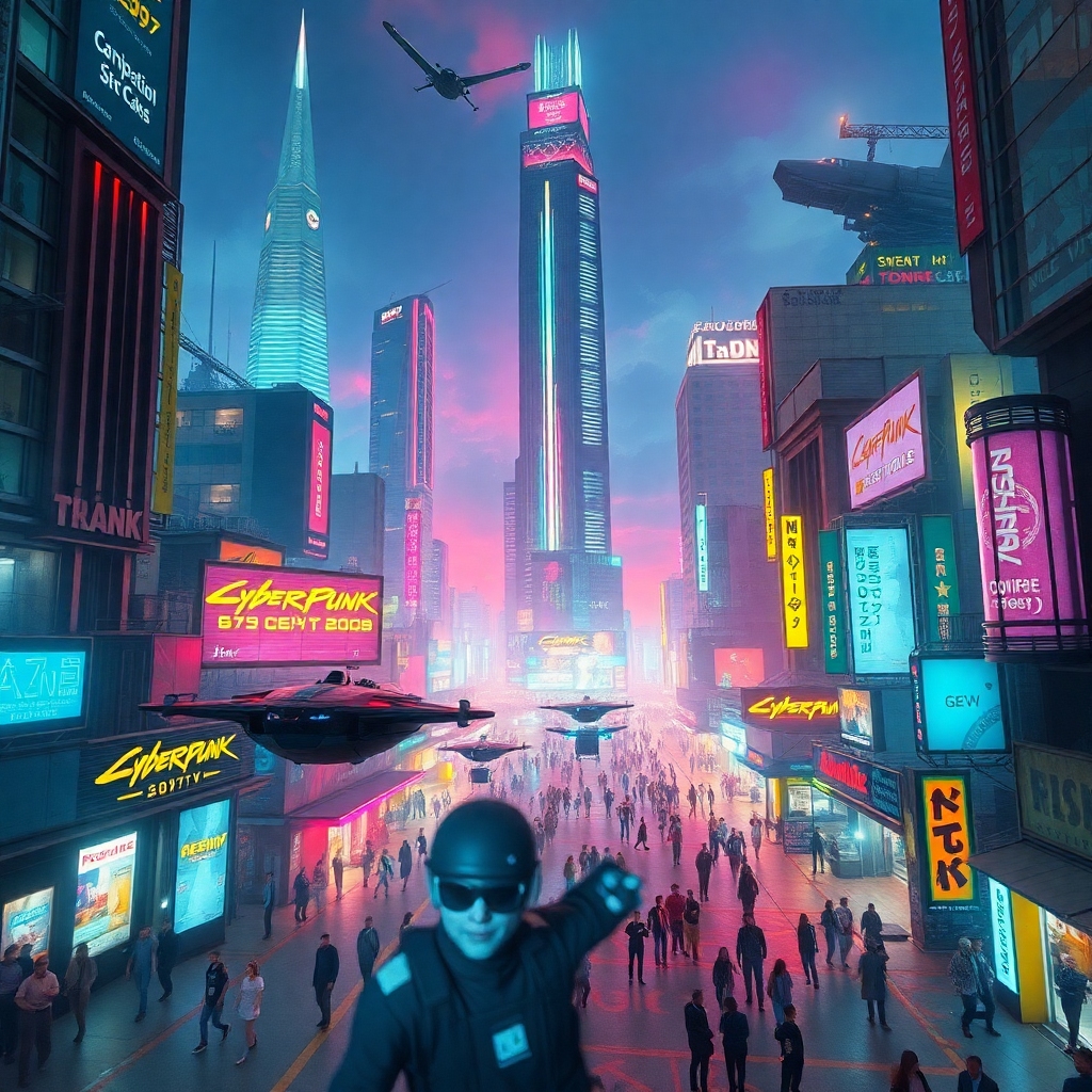 deep - A vibrant, neon-soaked cityscape from 'Cyberpunk 2077' at night, with towering skyscrapers and flying vehicles. Focus