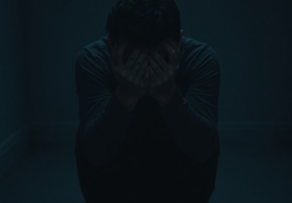 A person sitting alone in a dimly lit room, holding their head in their hands, looking overwhelmed and distressed. Shadows play across their face, emphasizing the emotional weight. The room is sparse, suggesting isolation, with muted, cool colors. The mood is somber and reflective, representing the burden of a secret, cinematic atmosphere, ultra realistic, highly detailed, 8k quality, photorealistic