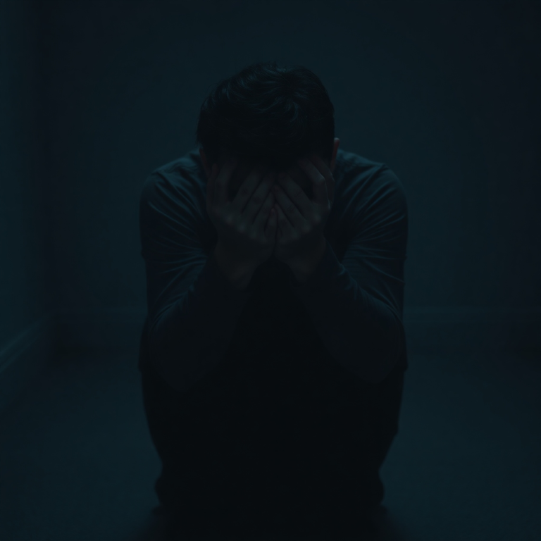 A person sitting alone in a dimly lit room, holding their head in their hands, looking overwhelmed and distressed. Shadows play across their face, emphasizing the emotional weight. The room is sparse, suggesting isolation, with muted, cool colors. The mood is somber and reflective, representing the burden of a secret, cinematic atmosphere, ultra realistic, highly detailed, 8k quality, photorealistic