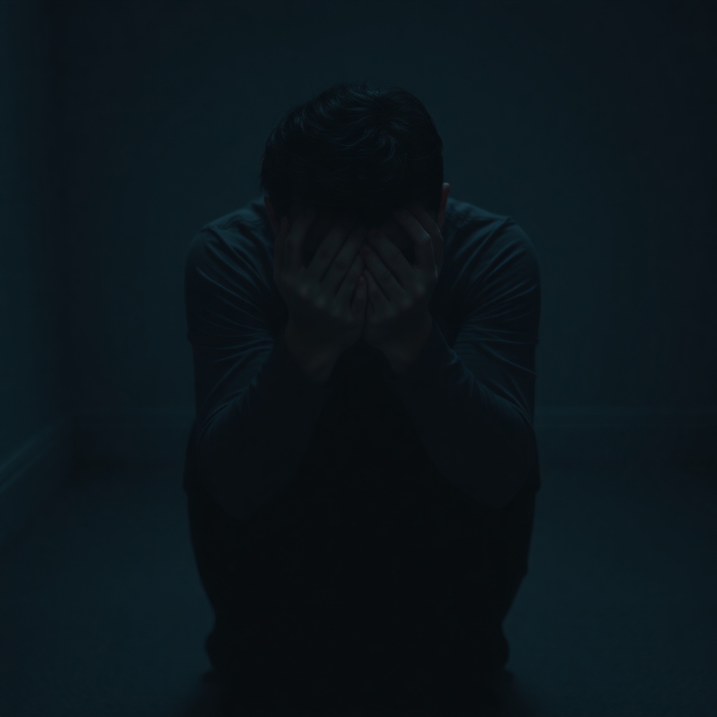 A person sitting alone in a dimly lit room, holding their head in their hands, looking overwhelmed and distressed. Shadows play across their face, emphasizing the emotional weight. The room is sparse, suggesting isolation, with muted, cool colors. The mood is somber and reflective, representing the burden of a secret, cinematic atmosphere, ultra realistic, highly detailed, 8k quality, photorealistic