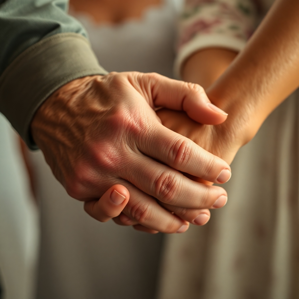 confession - A close-up shot of two hands, one older and wrinkled, the other younger, clasped together in a gesture of suppor